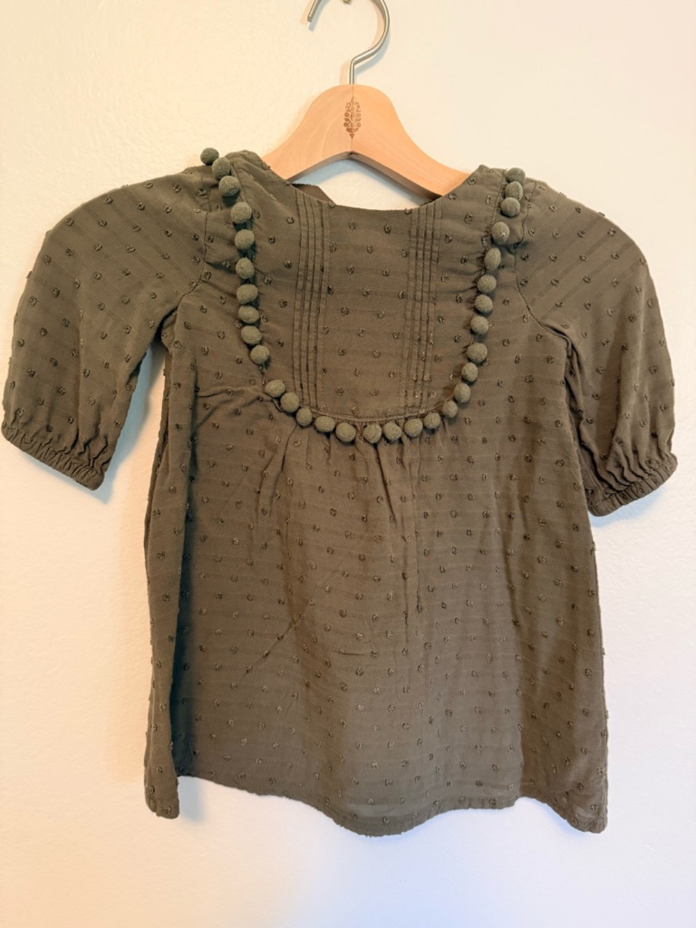 art class Olive Green Girls Top with Pom-Pom Trim